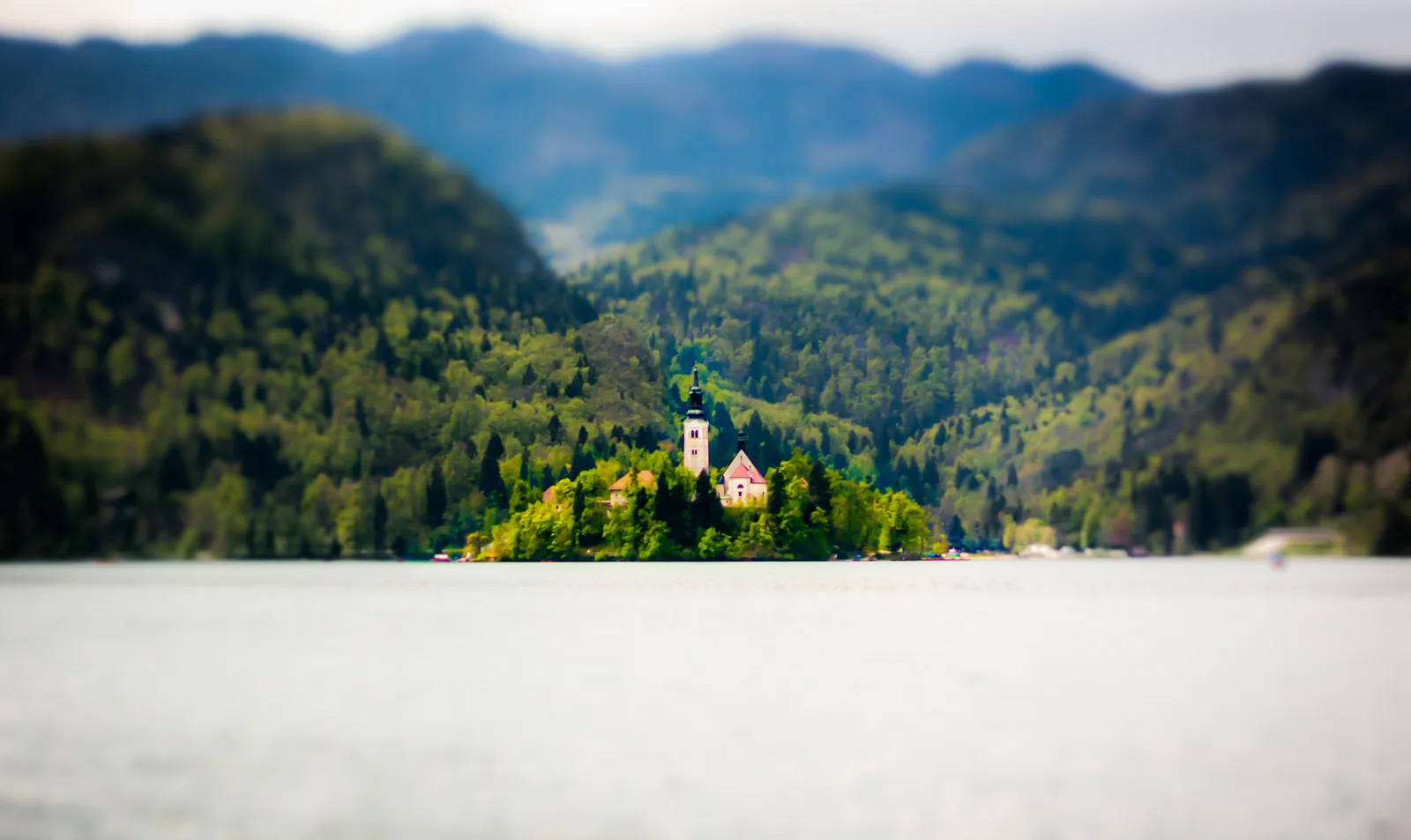 An artistic view of lake Bled with its church