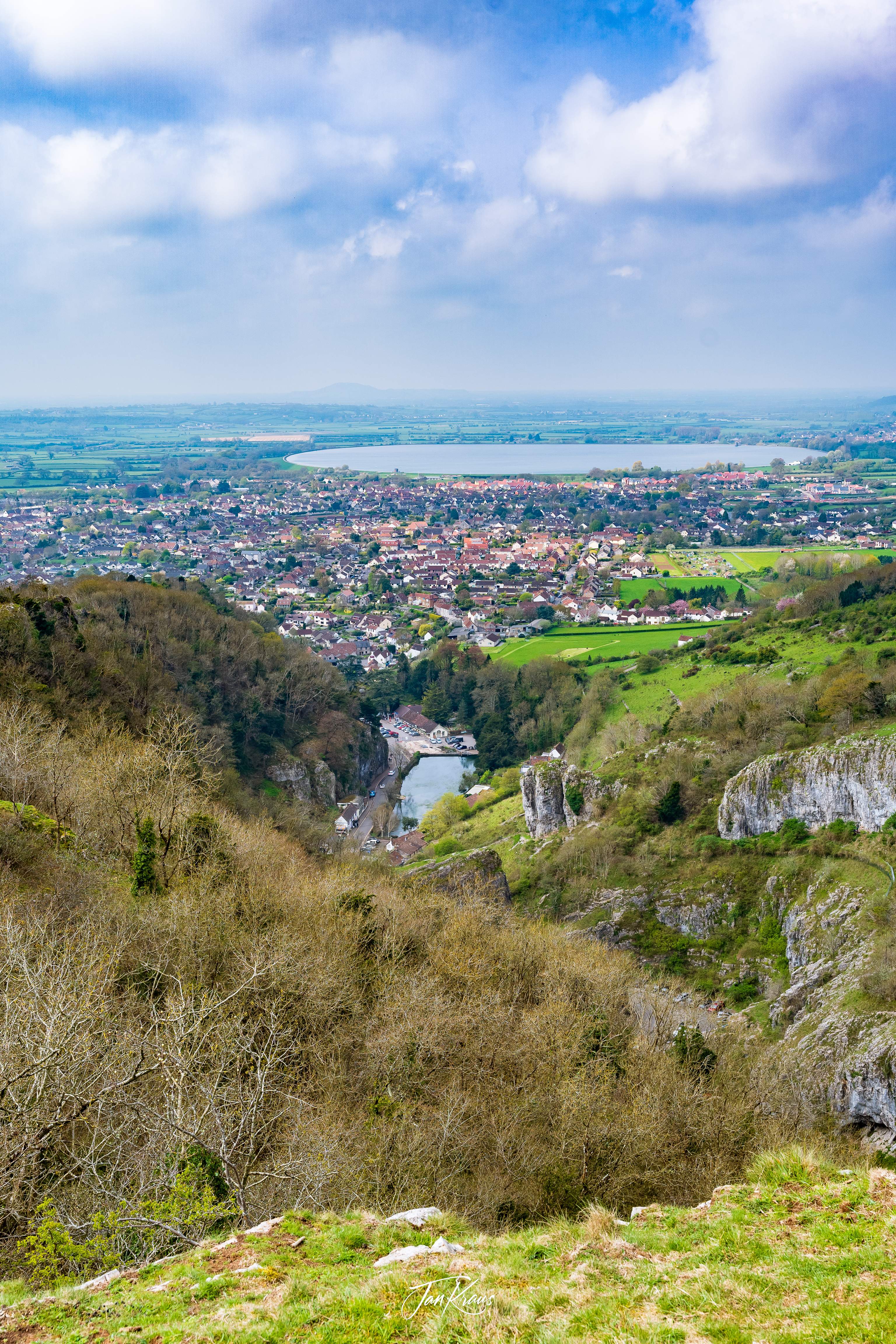 Views from the clifftops of Cheddar Gorge, facing the Cheddar Village, Somerset, England, UK