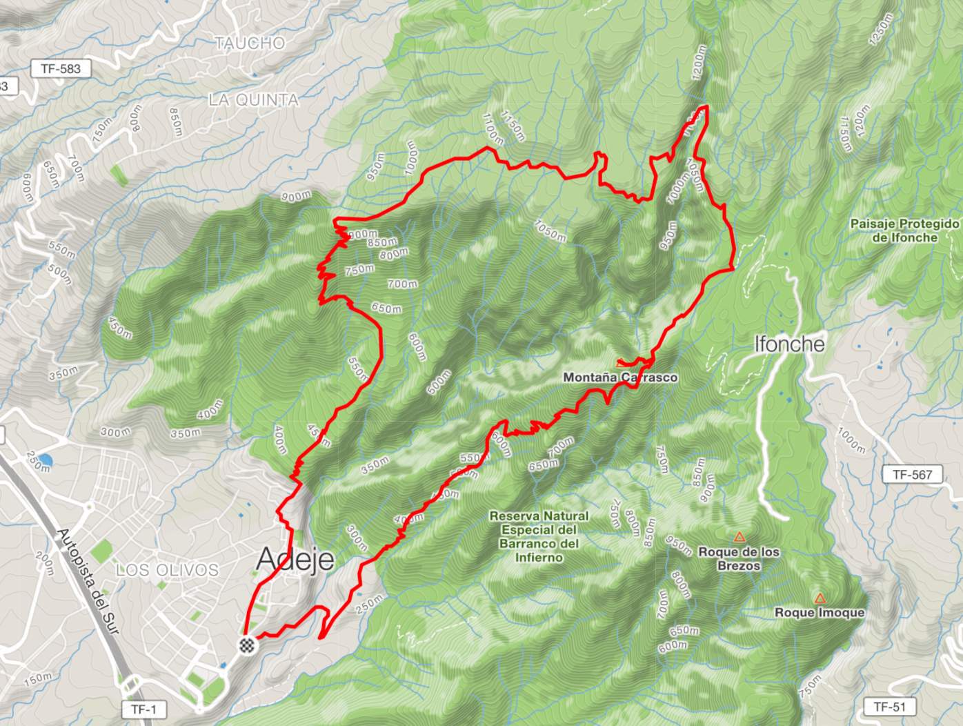 The map of the route: Adeje to Montana Carrasco, Tenerife, created with Strava routes.
