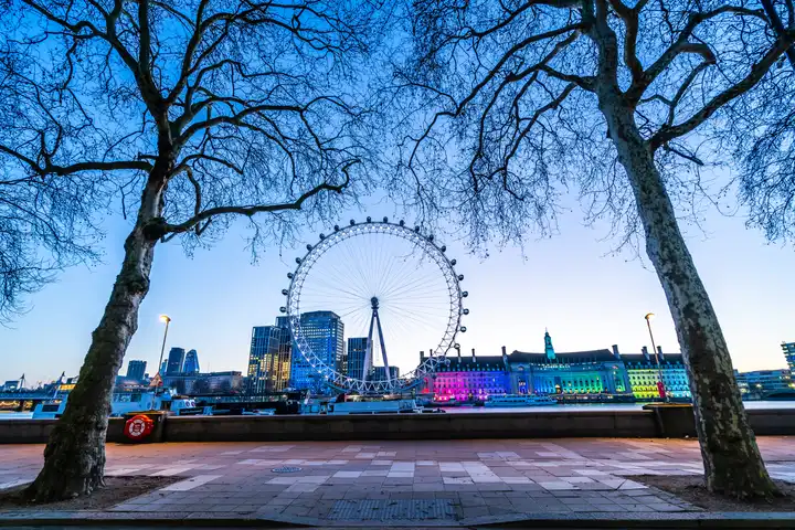 An image of the Lodon Eye, as seen from west bank of Thames River, captured in January, 2020