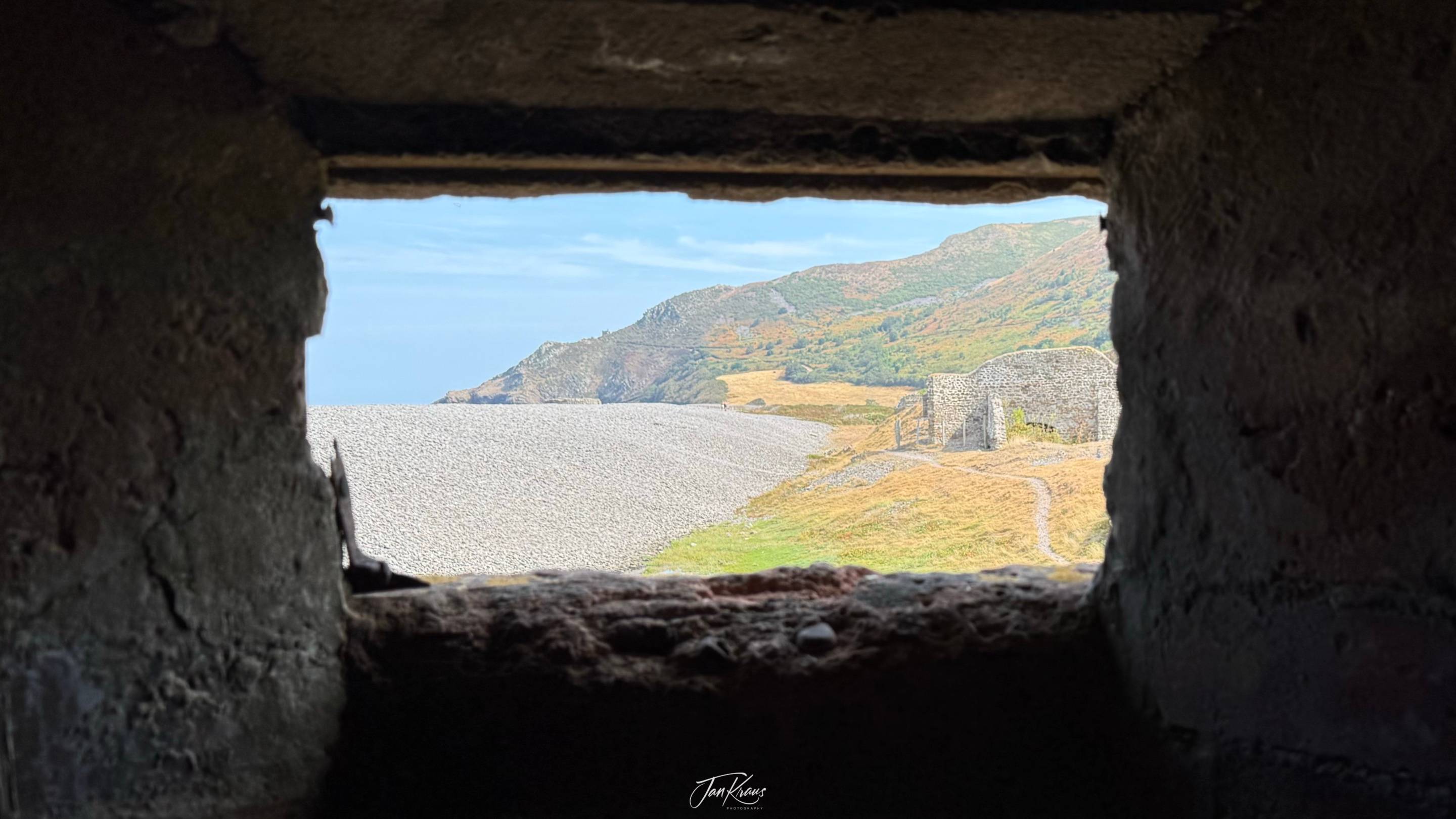 A view towards Hurlstone Point from the fortification at the Bossington Beach, Exmoor National Park, Somerset, UK