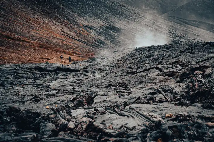 A view of lava fields 'Fagradalshraun' at Fagradalsfjall volcano, Iceland