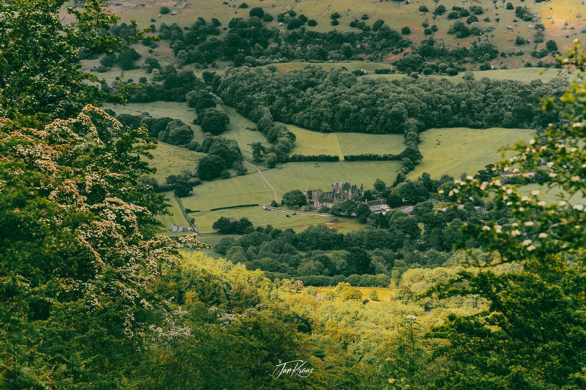 A look of Llanthony Priory from the climb towards Chwarel y Fan, Wales, UK