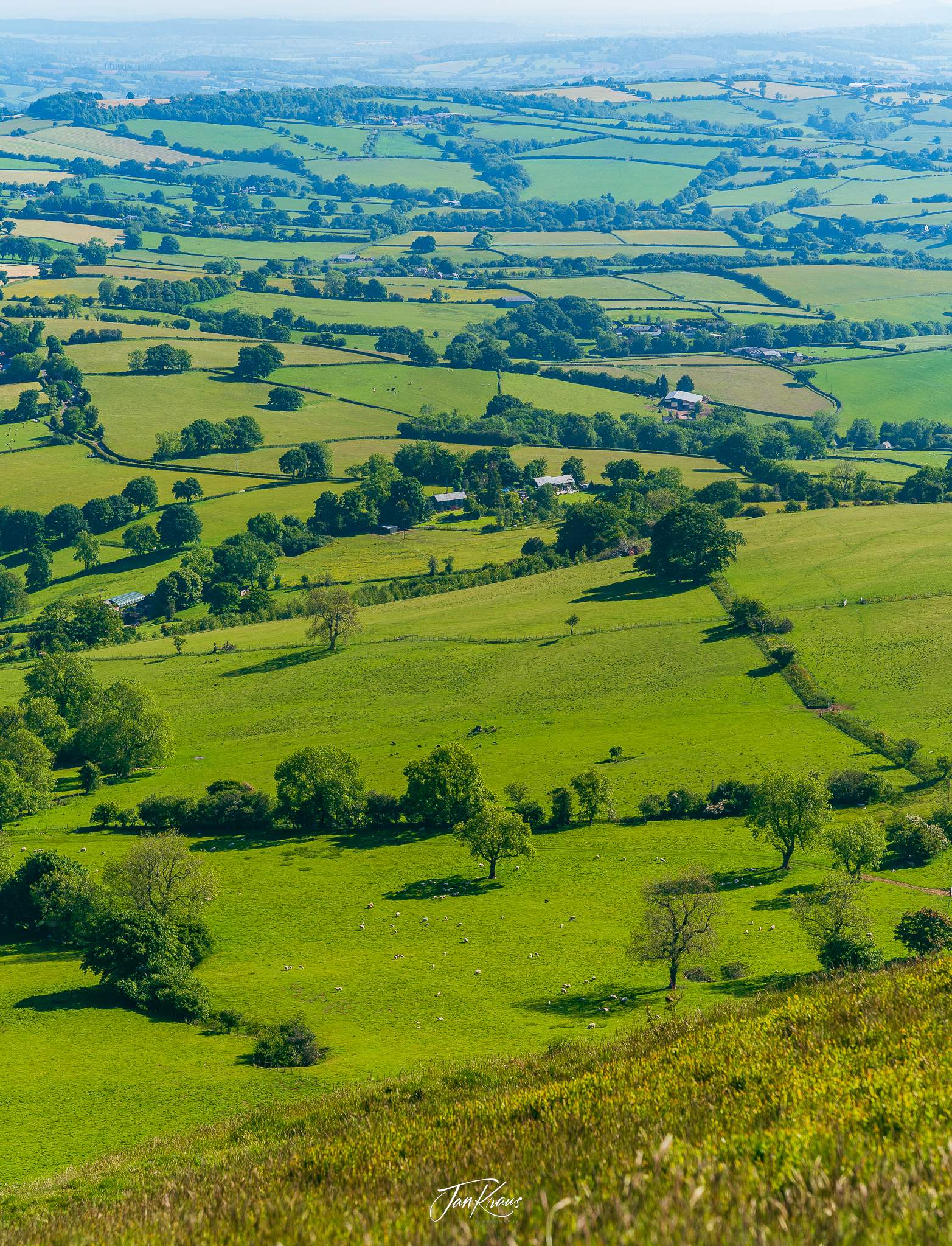 A view of Welsh farmland from Skirrid Fawr, Wales, UK