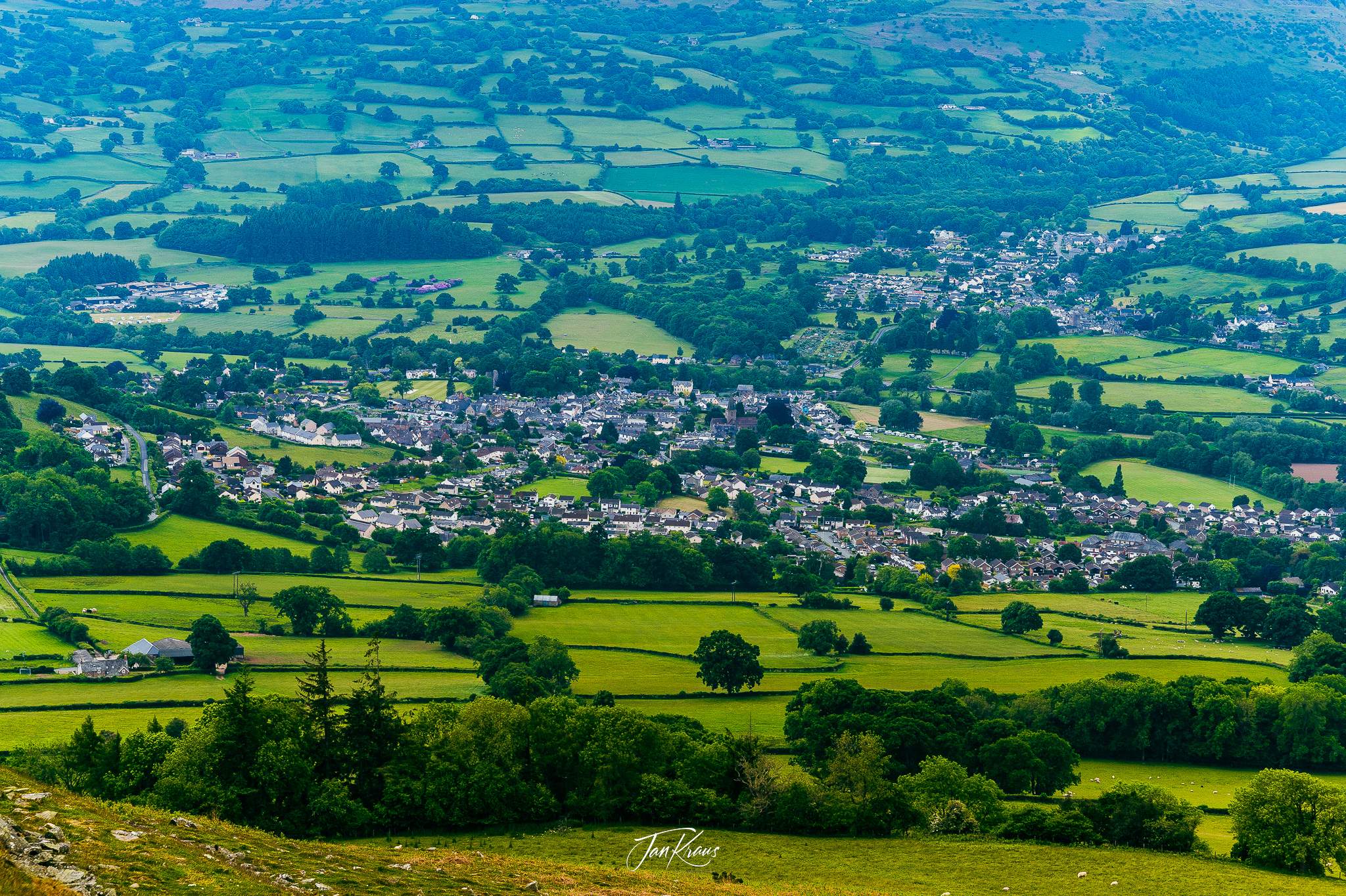 A view on Crickhowell from Table Mountain, Day 2 of the Beacons Way hike, Wales, UK