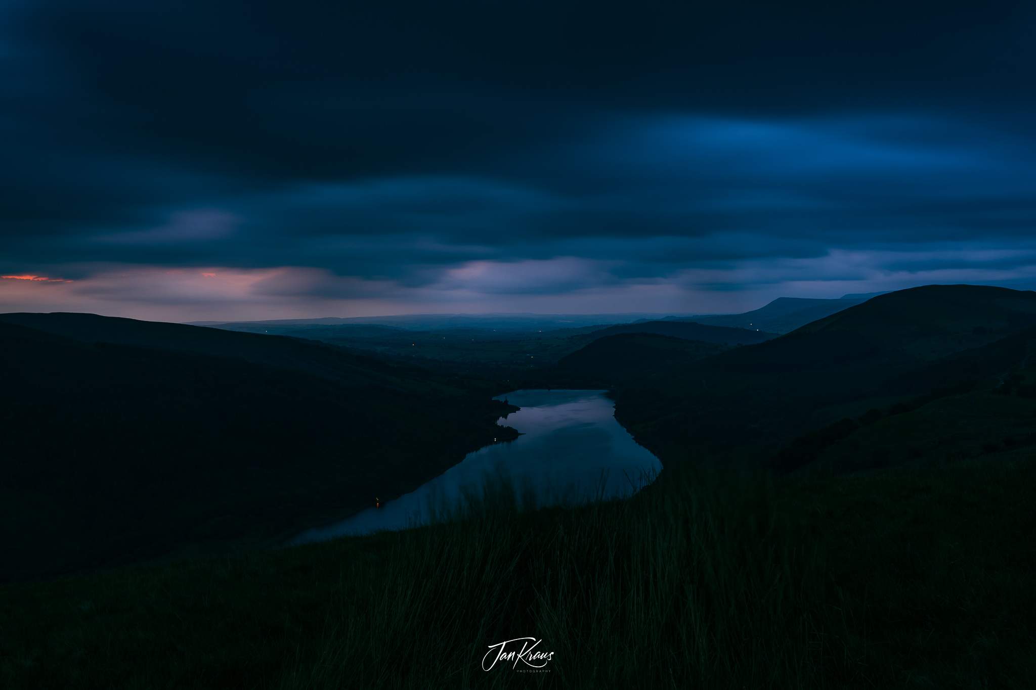 Night view over Talybont Reservoir, Day 3 of the Beacons Way hike, Wales, UK