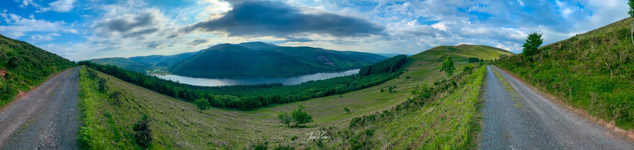 Panoramic view above Talybont Reservoir, Day 3 of the Beacons Way hike, Wales, UK