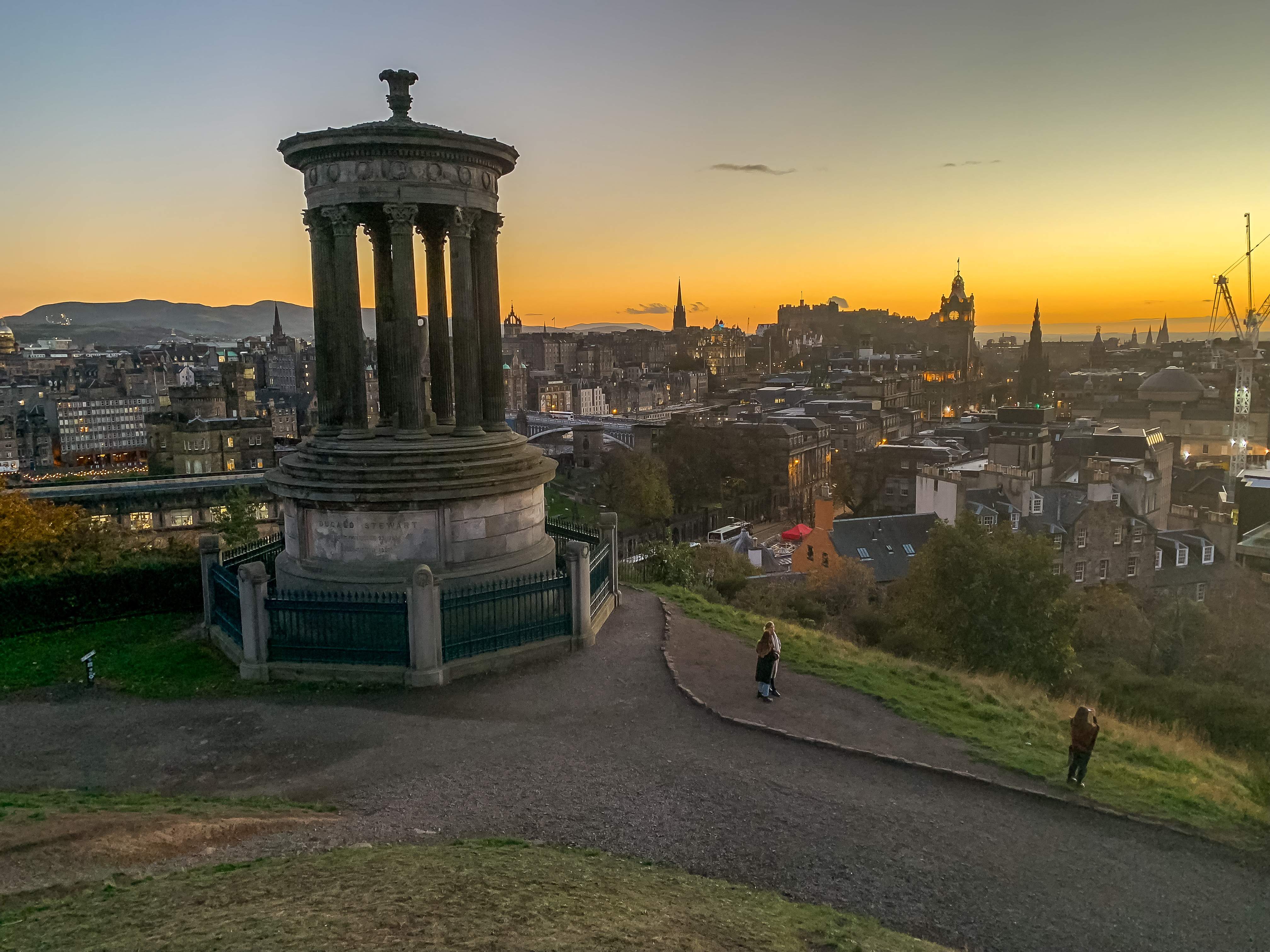 Dugald Stewart Monument on Calton Hill overlooking Edinburgh, Scotland, UK