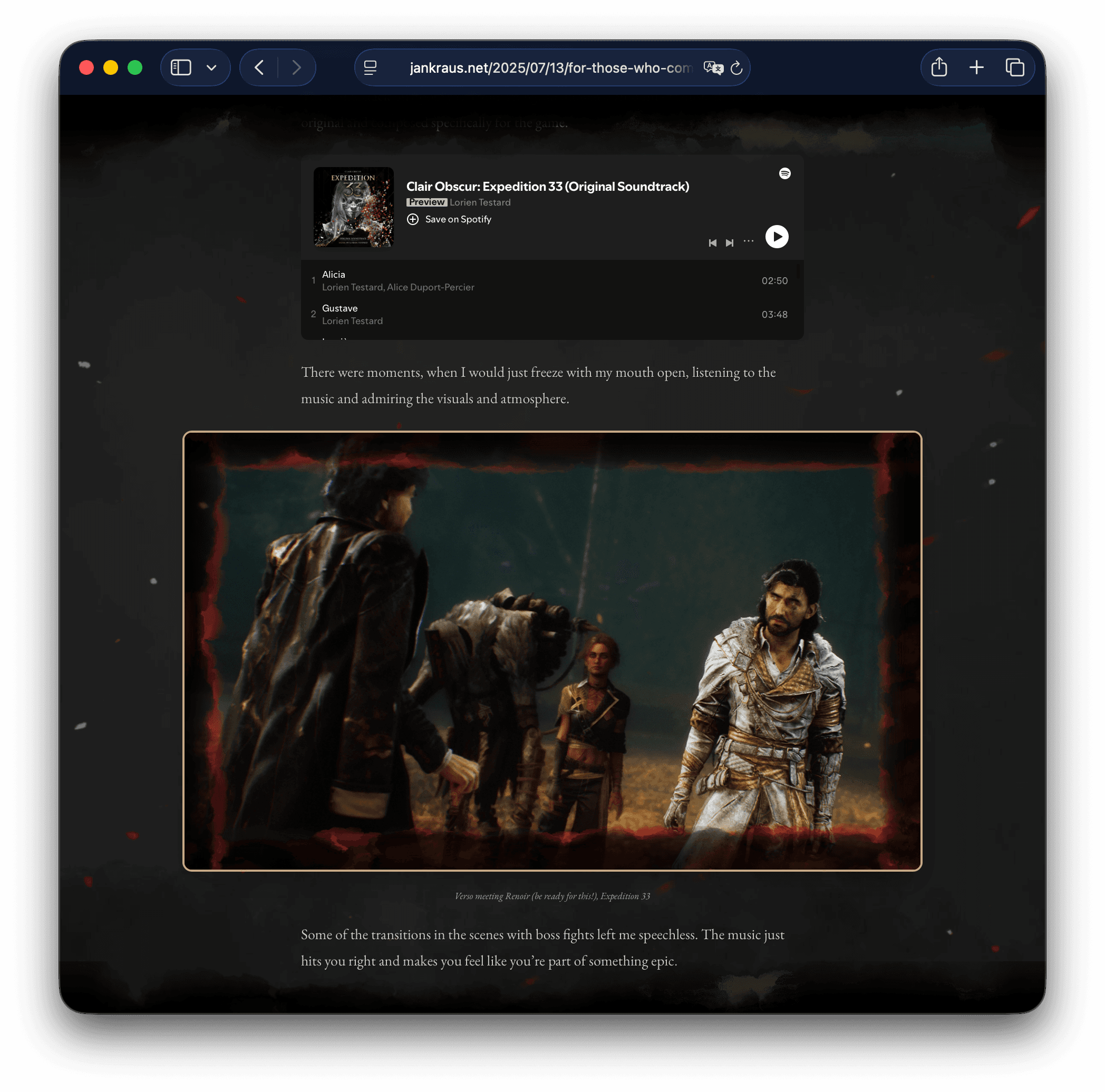 Screenshot of the art-directed blog post for Expedition 33 game review