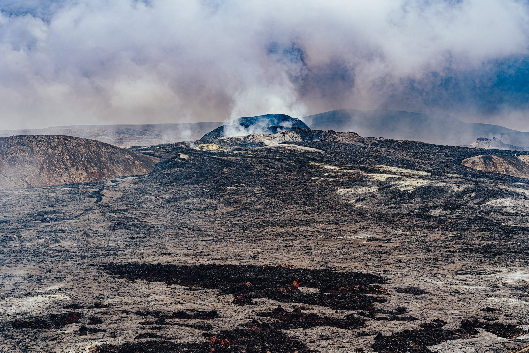 View at Fagradalsfjall volcano across lava expanses