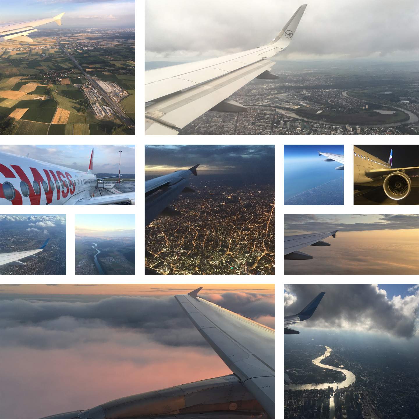 A collage of various photos from airplane window