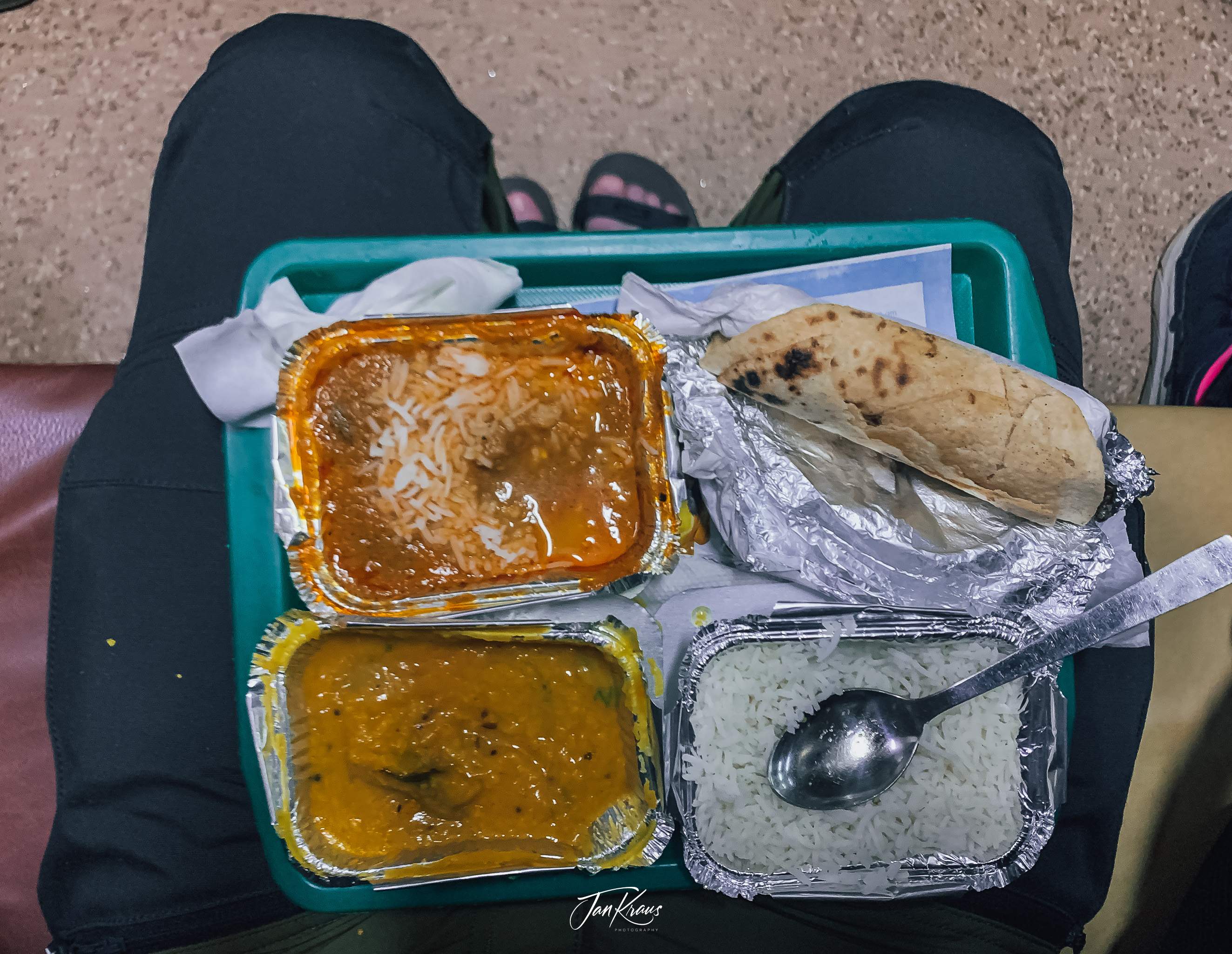 Evening meal served on the overnight train from Mumbai do Delhi, India