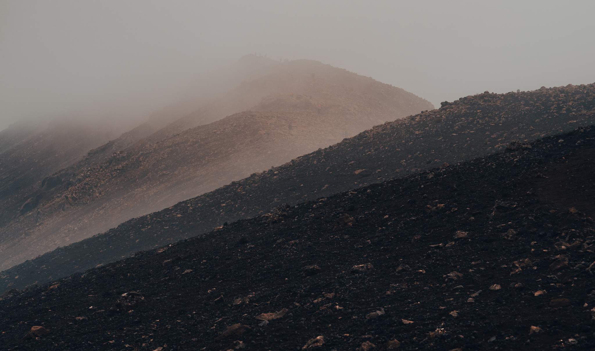 Fog covering the hills at at Fagradalsfjall volcano