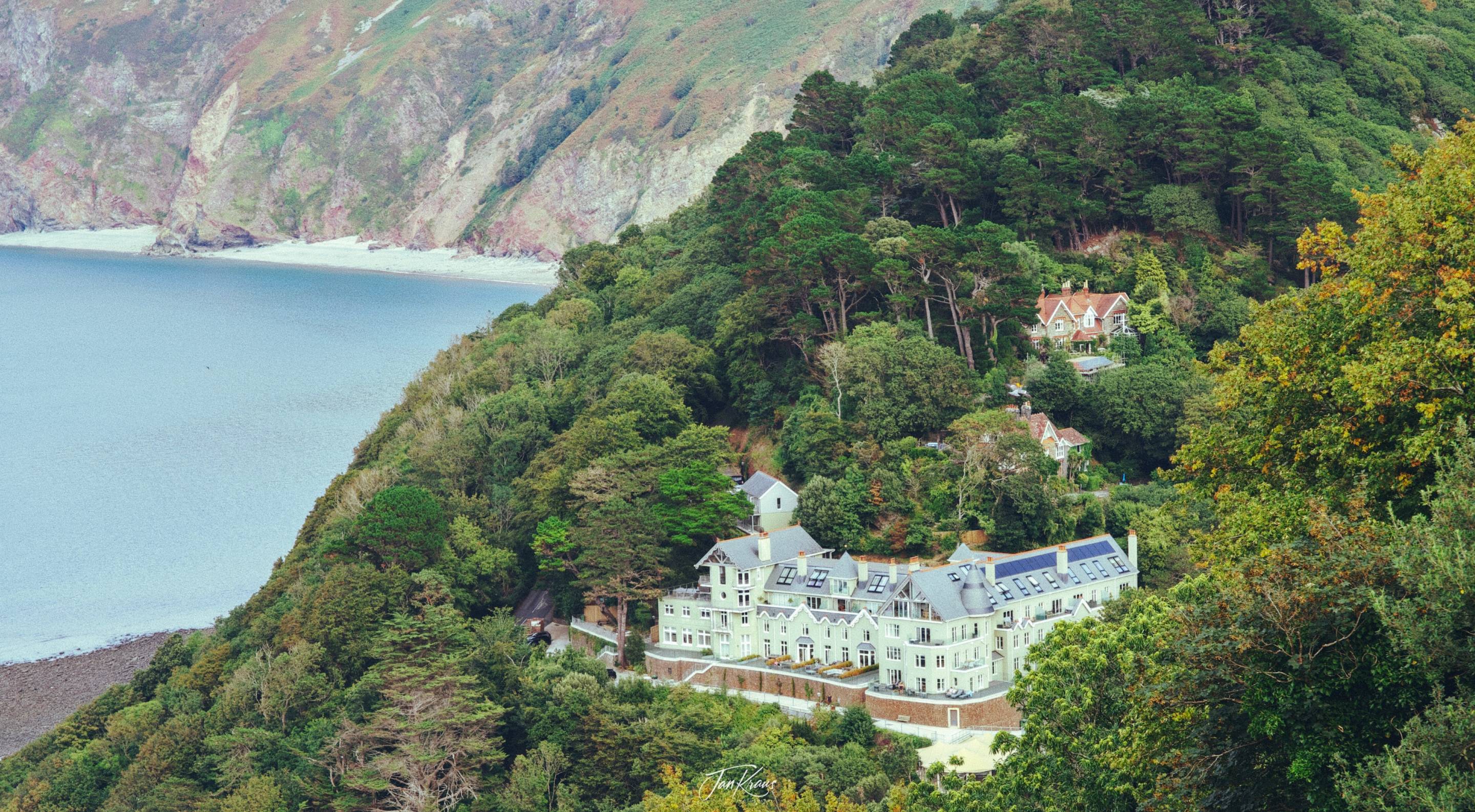 Views of Lynmouth village from the hill, Exmoor National Park, Somerset, UK