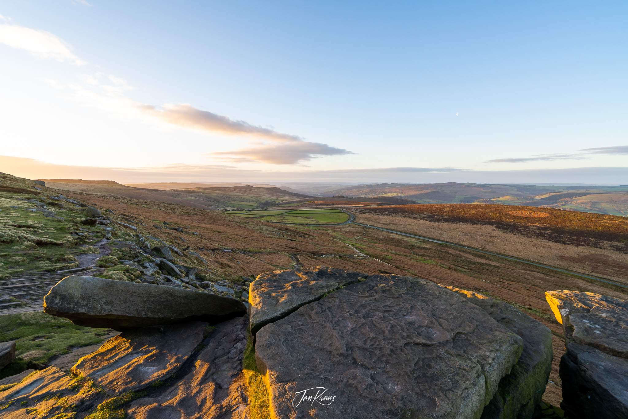View from the side of the rocky ridge at Stanage Edge, Peak District, England, UK