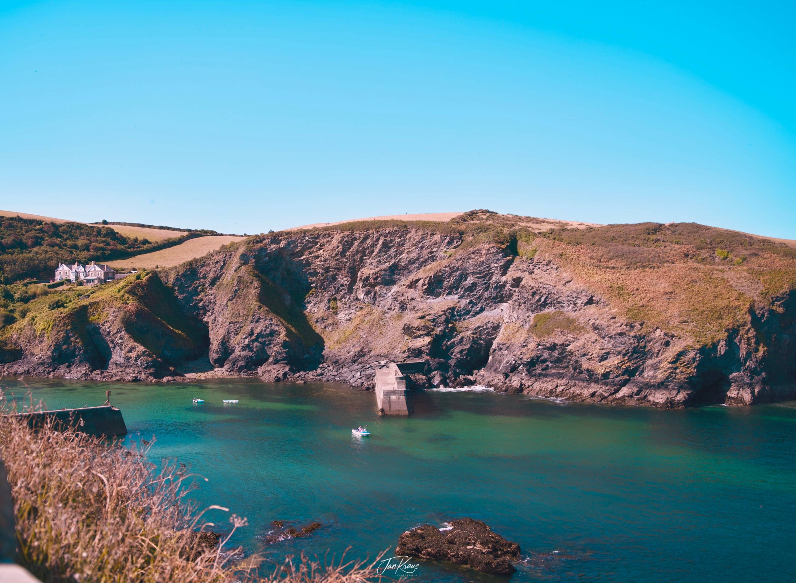 A view from the cliffs above Port Isaac village, Cornwall, UK