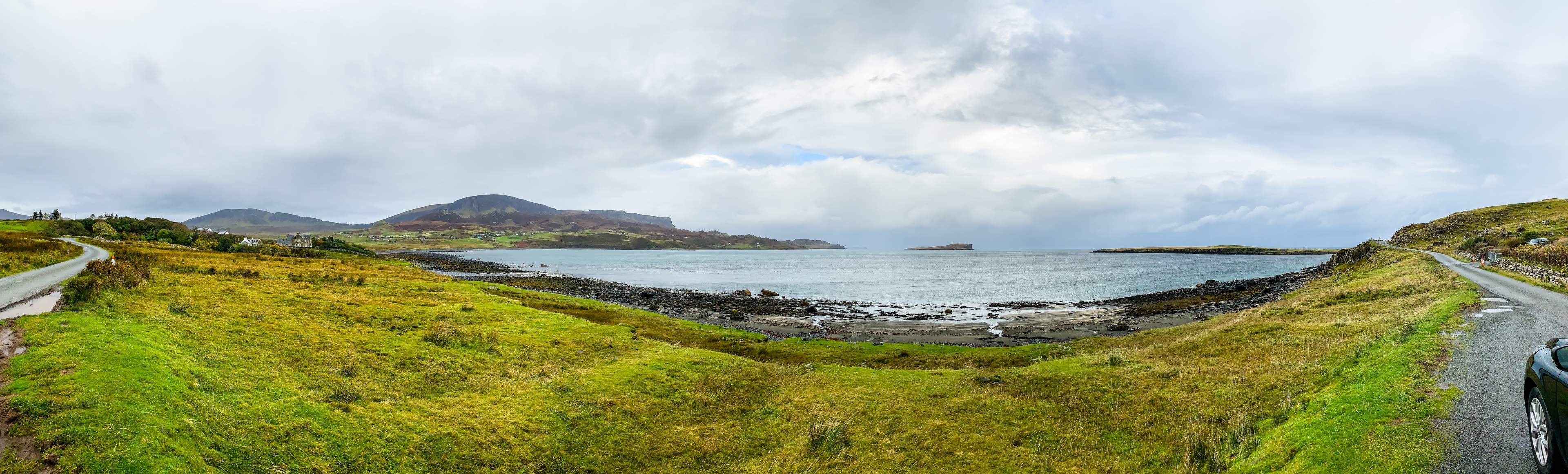 A panoramic view of Staffin Bay from the road leading to An Corran Beach, Isle of Skye, Scotland, UK