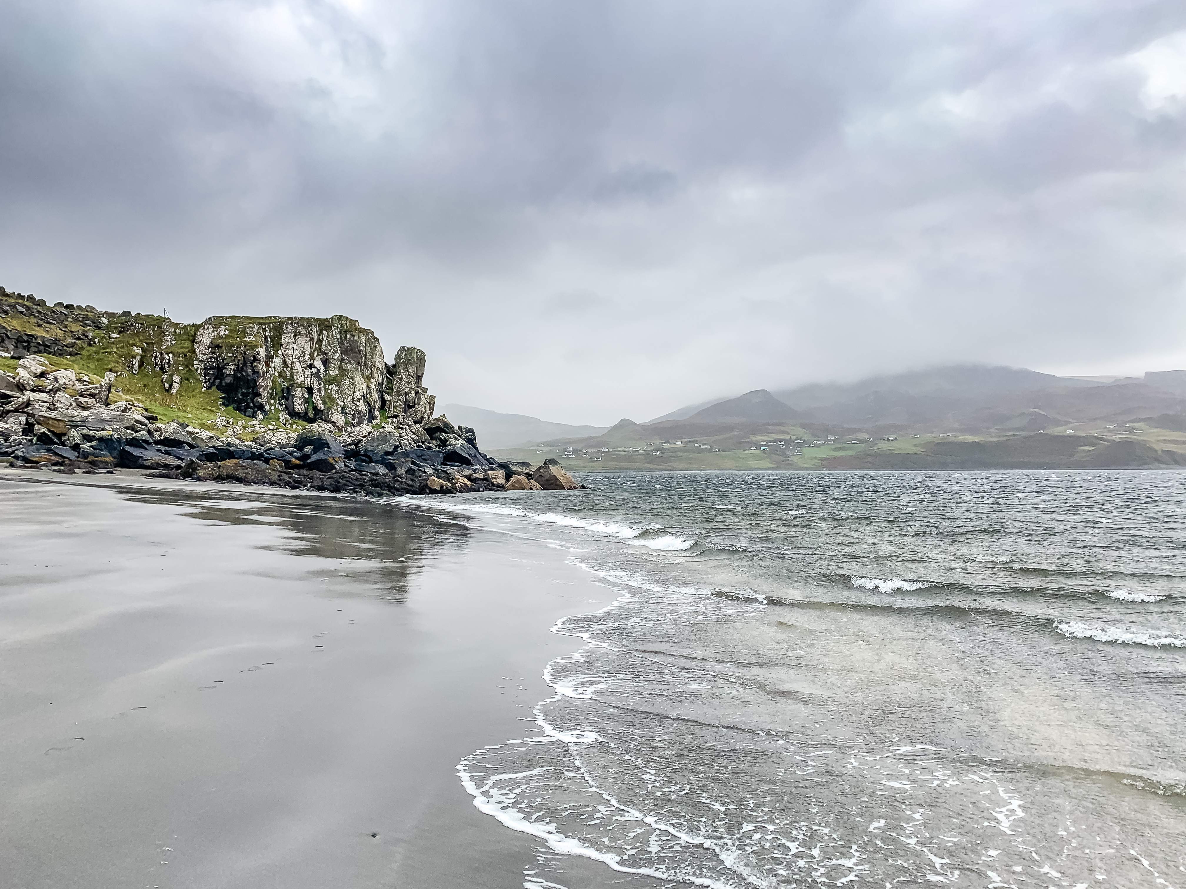 A view from An Corran Beach overlooking Staffin Bay and the Quiraing, Isle of Skye, Scotland, UK