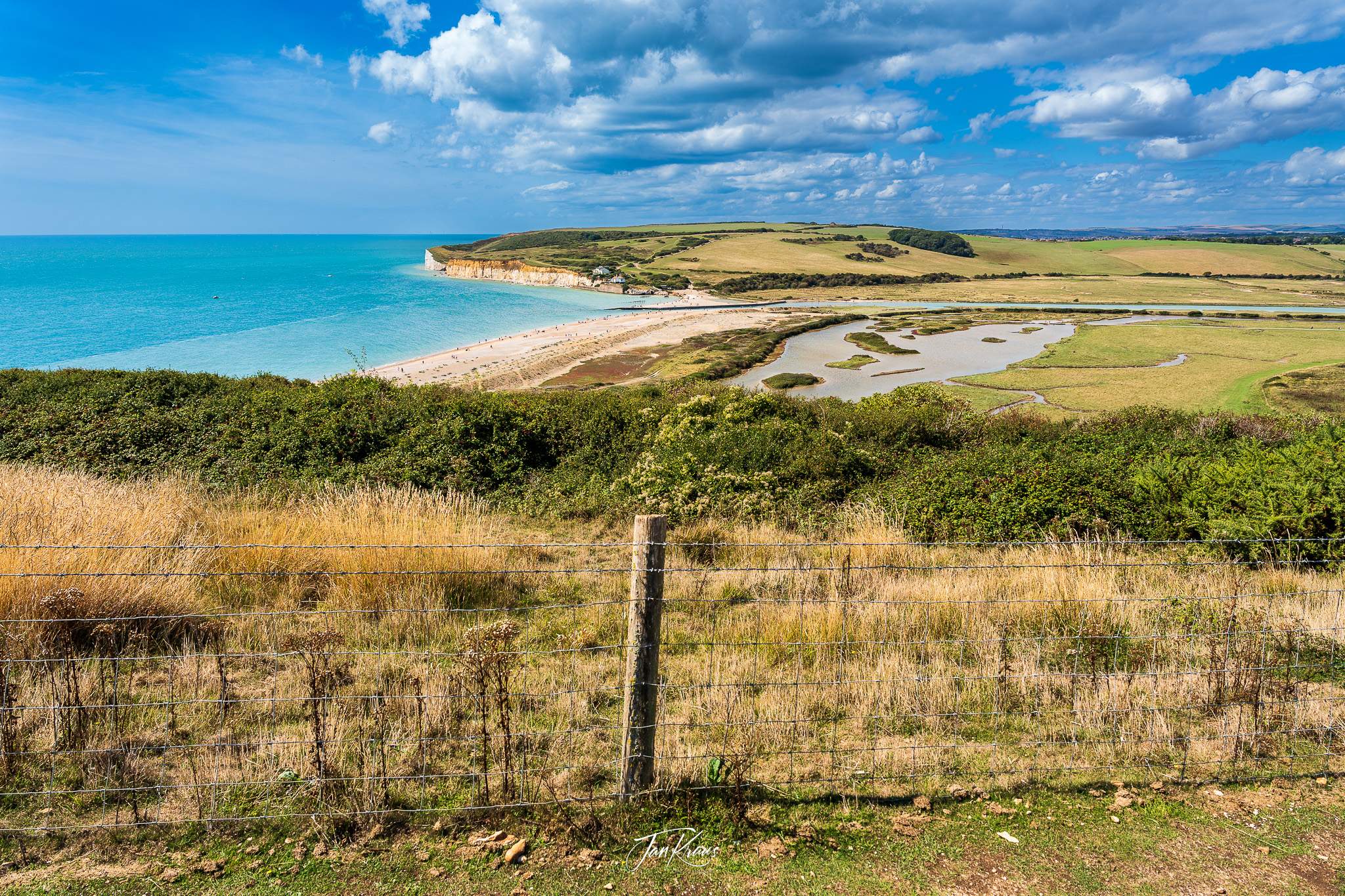 A view of the Cuckmere Haven and its beach at the Seven Sisters Walk, East Sussex, England, UK