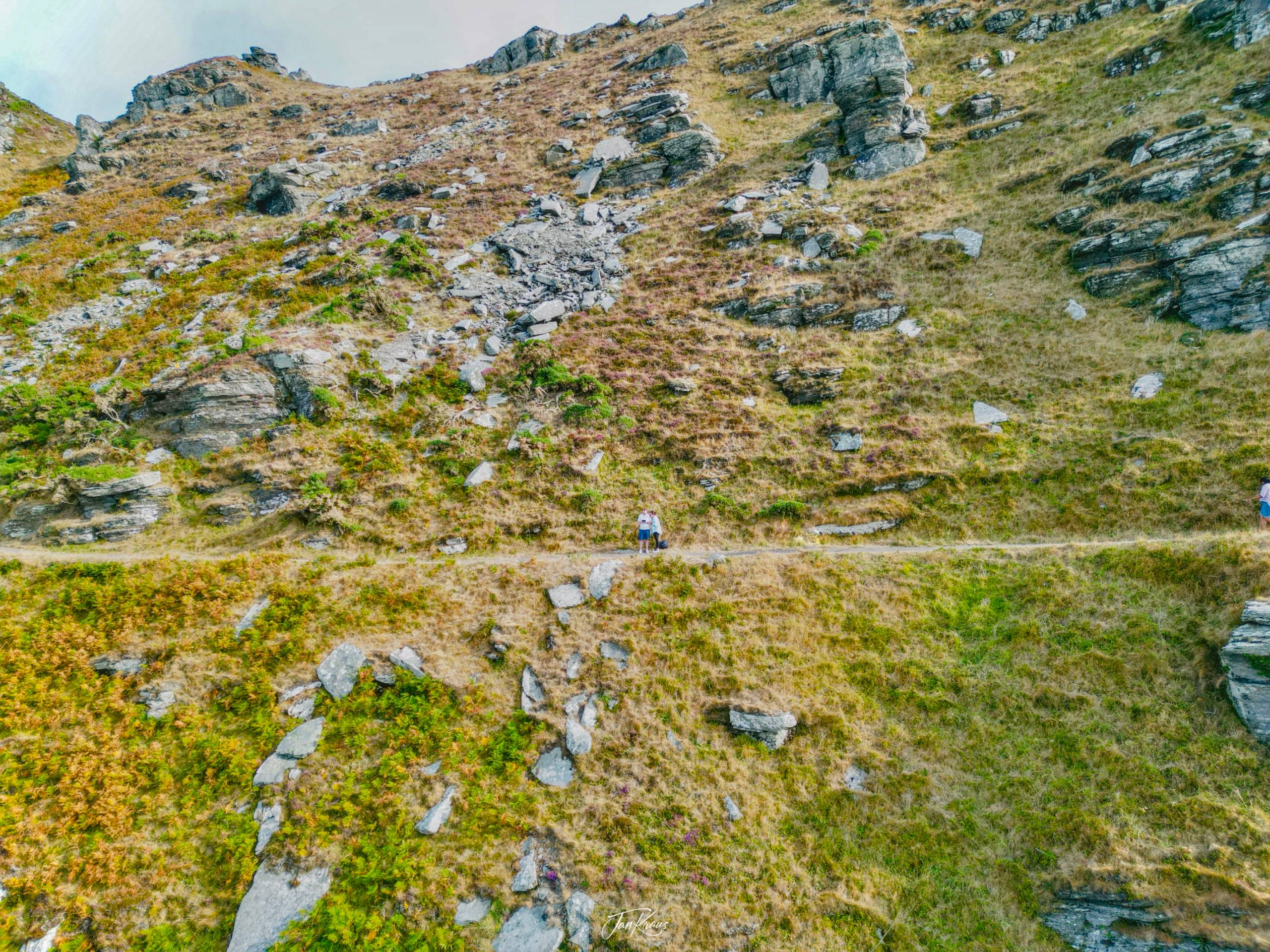 A view from the drone at the path in the Valley of the Rocks, Exmoor National Park, UK