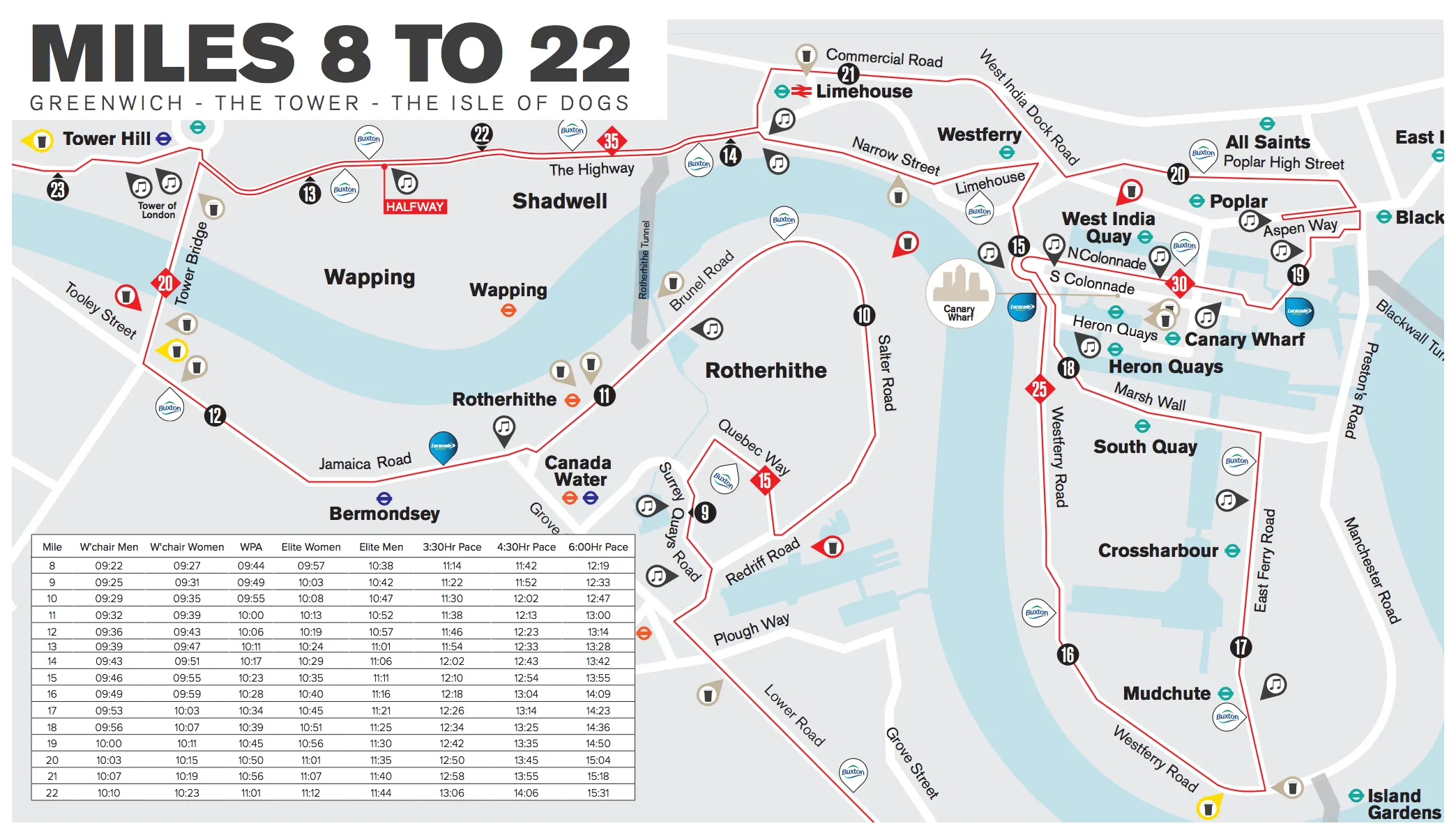 Map of the 2018 Virgin Money London Marathon route, miles 8 to 22