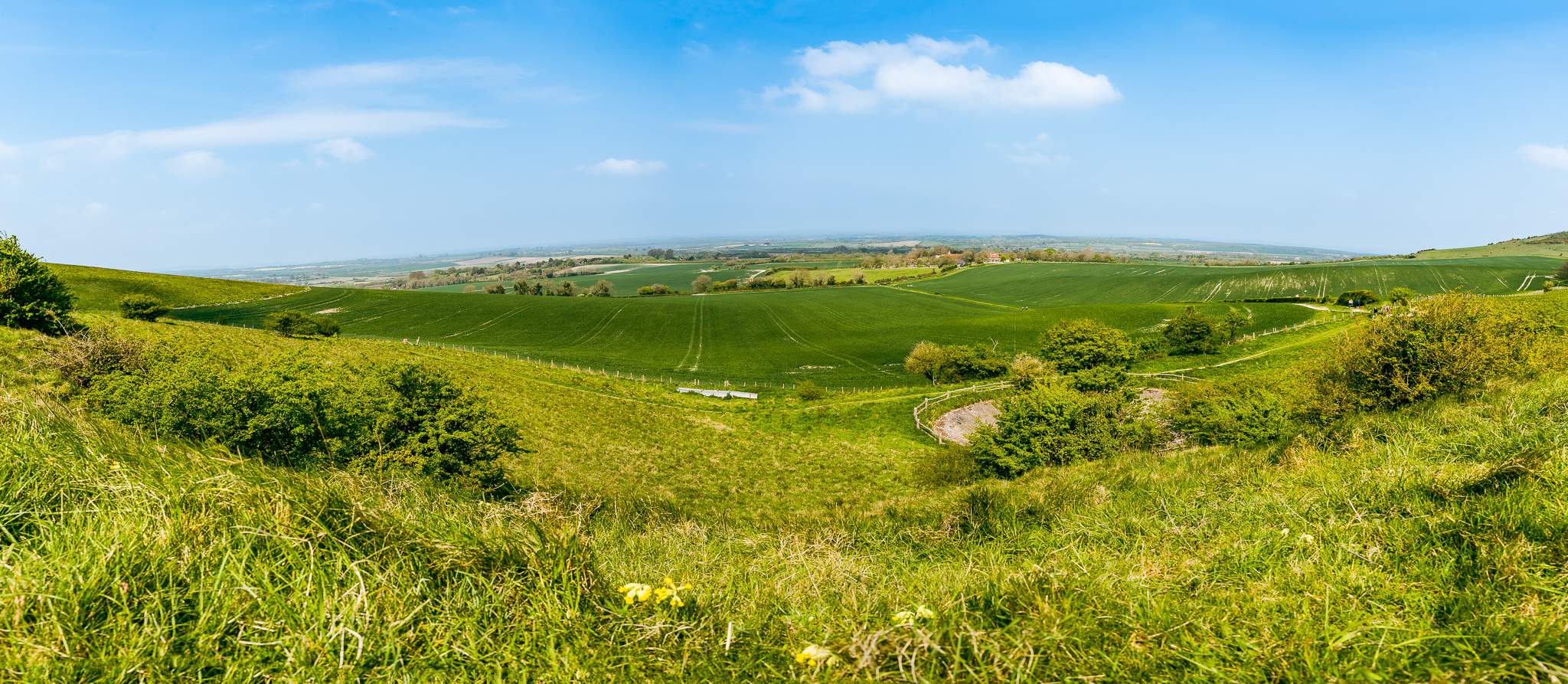 Panoramic view towards North from the base hill under the Long Man, Wilmington, East Sussex, England, UK